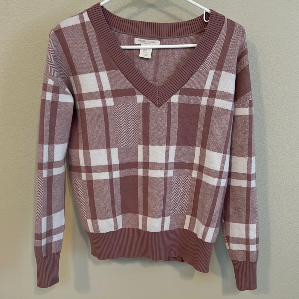 Christian Siriano Sweater Womens XS Light Cream Tan V Neck Plaid Pullover